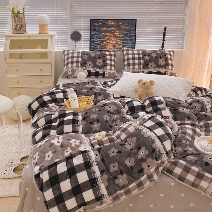 91家纺网 家纺一手货源 找家纺 顾里2021新款ins韩国高端保暖牛奶绒四件套 格子碎花