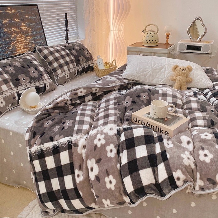 91家纺网 家纺一手货源 找家纺 顾里2021新款ins韩国高端保暖牛奶绒四件套 格子碎花