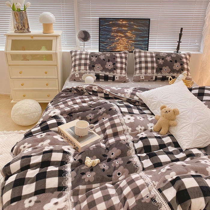 91家纺网 家纺一手货源 找家纺 顾里2021新款ins韩国高端保暖牛奶绒四件套 格子碎花