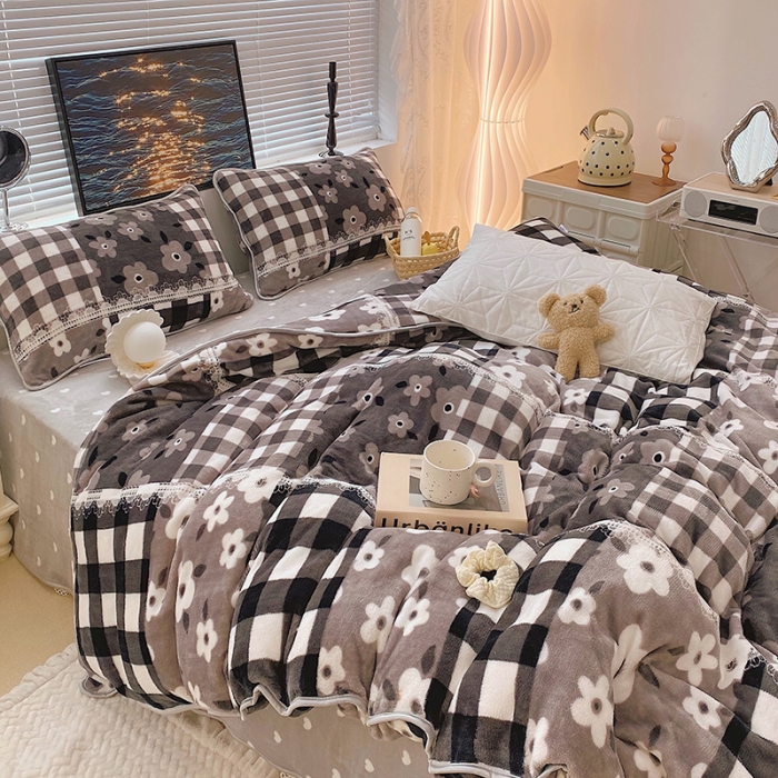 91家纺网 家纺一手货源 找家纺 顾里2021新款ins韩国高端保暖牛奶绒四件套 格子碎花