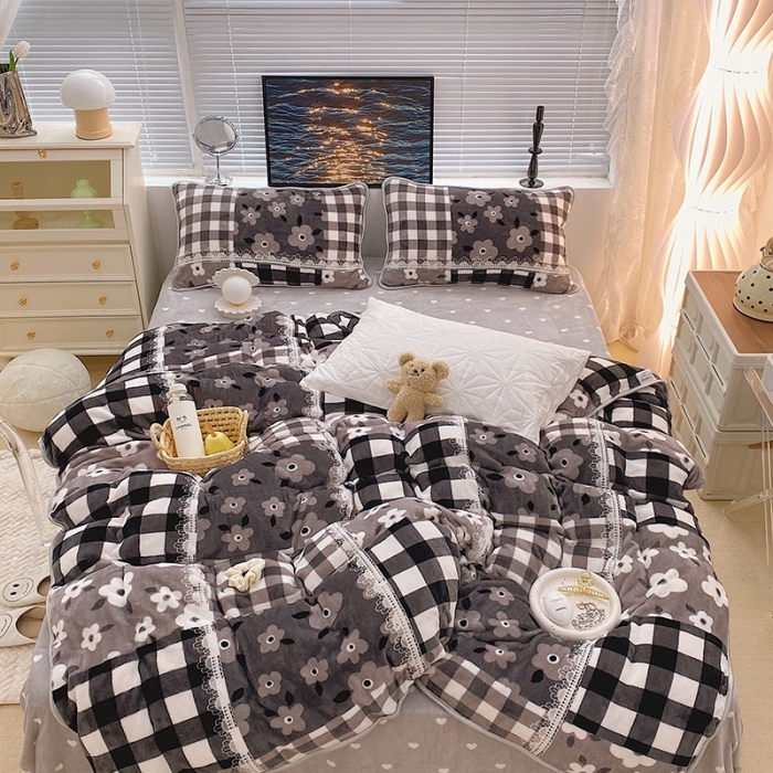 91家纺网 家纺一手货源 找家纺 顾里2021新款ins韩国高端保暖牛奶绒四件套 格子碎花