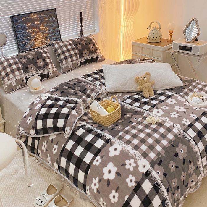 91家纺网 家纺一手货源 找家纺 顾里2021新款ins韩国高端保暖牛奶绒四件套 格子碎花