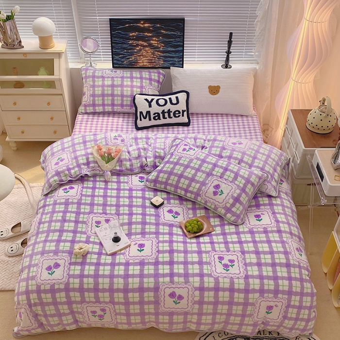 91家纺网 家纺一手货源 找家纺 顾里2021新款ins韩国高端保暖牛奶绒四件套 格子郁金香