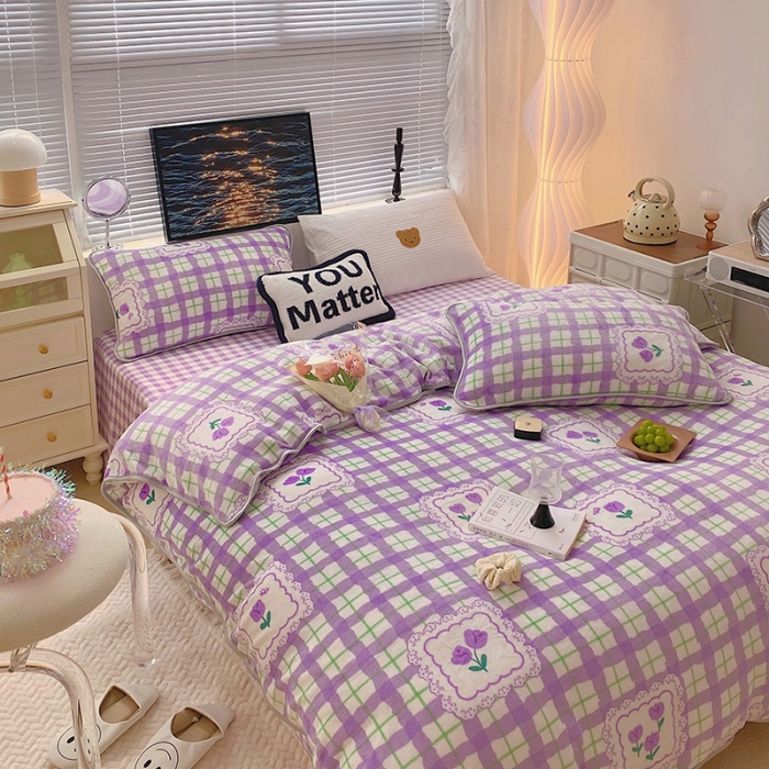 91家纺网 家纺一手货源 找家纺 顾里2021新款ins韩国高端保暖牛奶绒四件套 格子郁金香