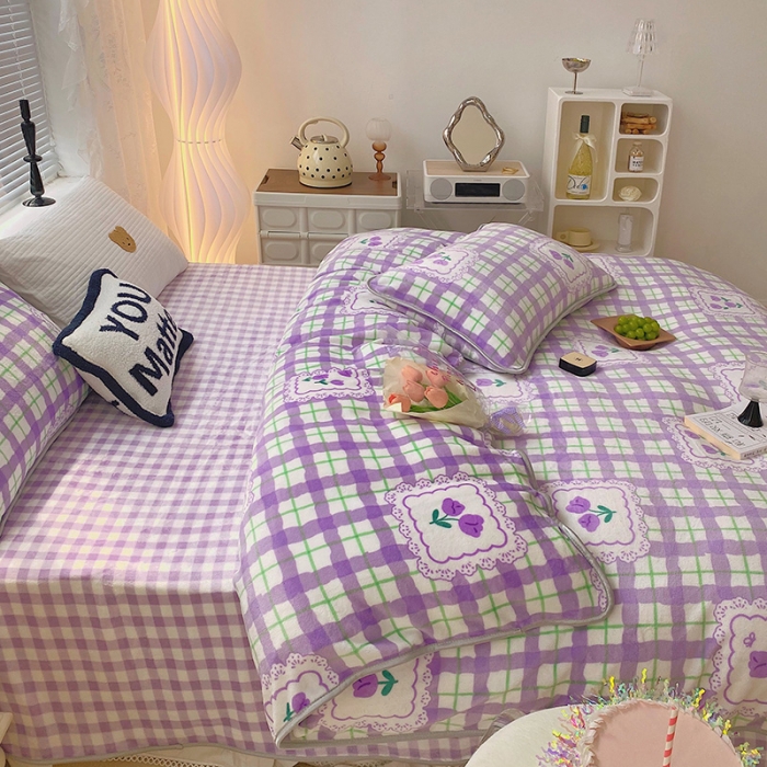 91家纺网 家纺一手货源 找家纺 顾里2021新款ins韩国高端保暖牛奶绒四件套 格子郁金香