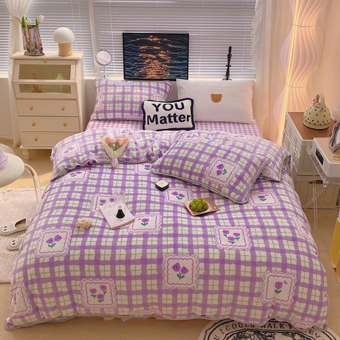 91家纺网 家纺一手货源 找家纺 顾里2021新款ins韩国高端保暖牛奶绒四件套 格子郁金香