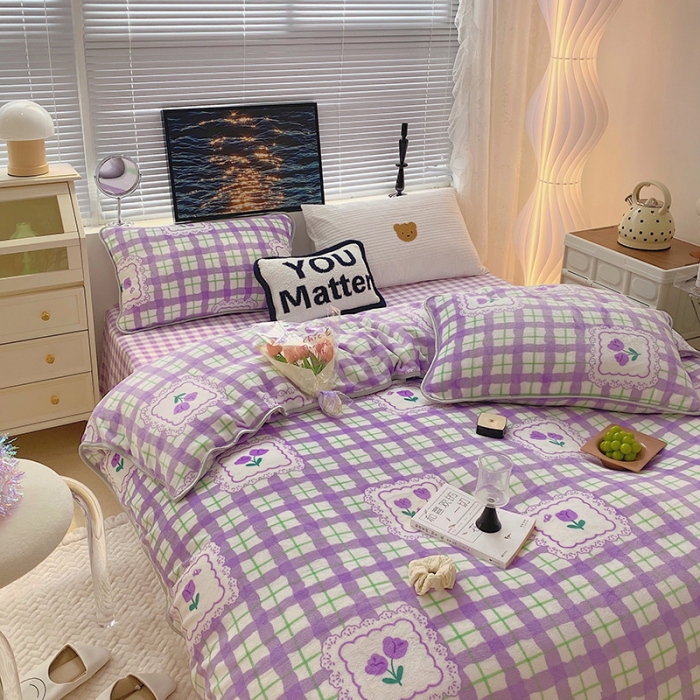 91家纺网 家纺一手货源 找家纺 顾里2021新款ins韩国高端保暖牛奶绒四件套 格子郁金香