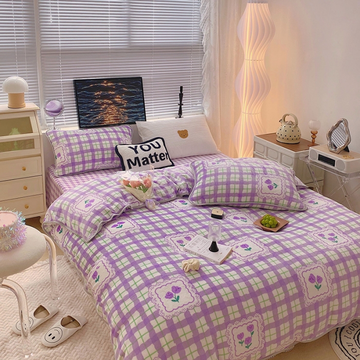 91家纺网 家纺一手货源 找家纺 顾里2021新款ins韩国高端保暖牛奶绒四件套 格子郁金香