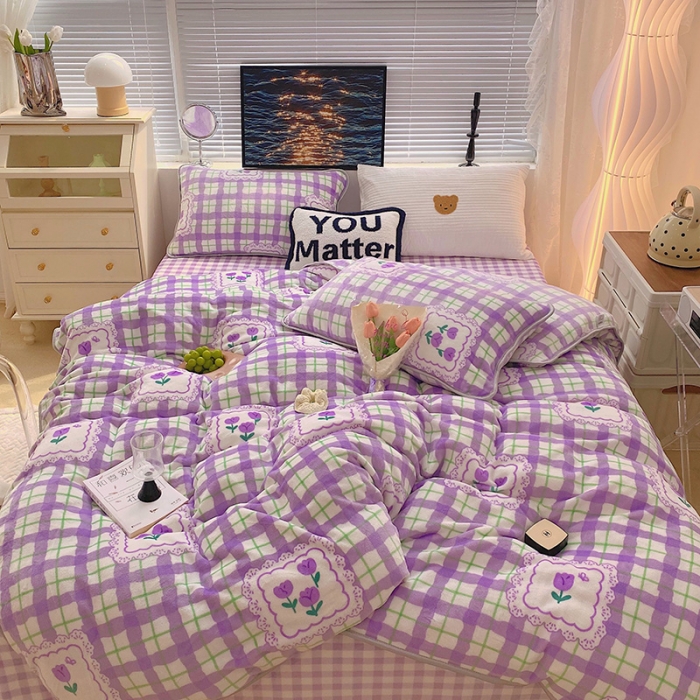 91家纺网 家纺一手货源 找家纺 顾里2021新款ins韩国高端保暖牛奶绒四件套 格子郁金香