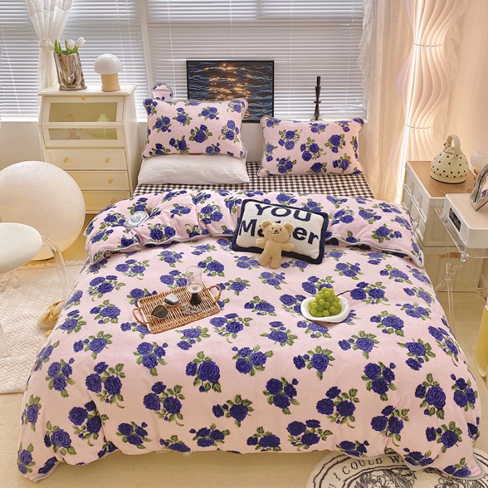 91家纺网 家纺一手货源 找家纺 顾里2021新款ins韩国高端保暖牛奶绒四件套 韩国紫花