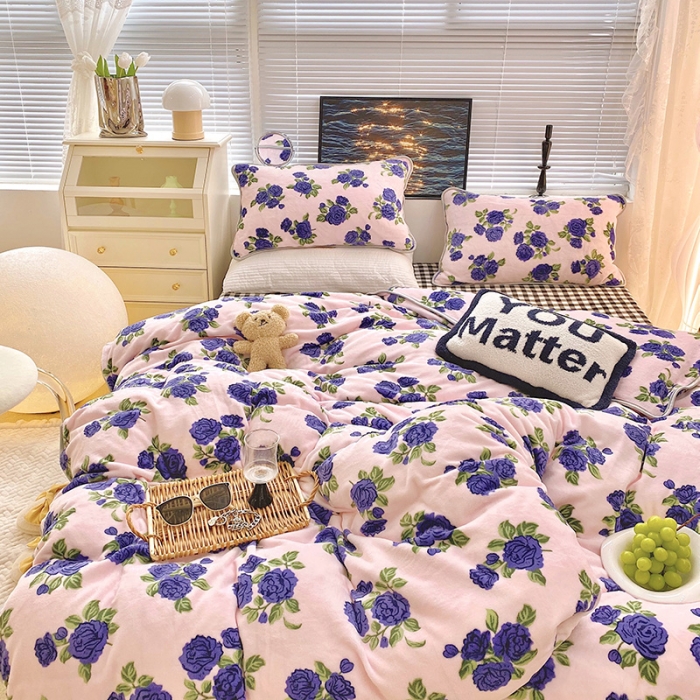 91家纺网 家纺一手货源 找家纺 顾里2021新款ins韩国高端保暖牛奶绒四件套 韩国紫花