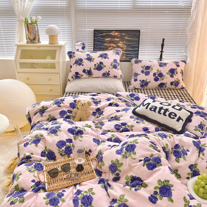 91家纺网 家纺一手货源 找家纺 顾里2021新款ins韩国高端保暖牛奶绒四件套 韩国紫花