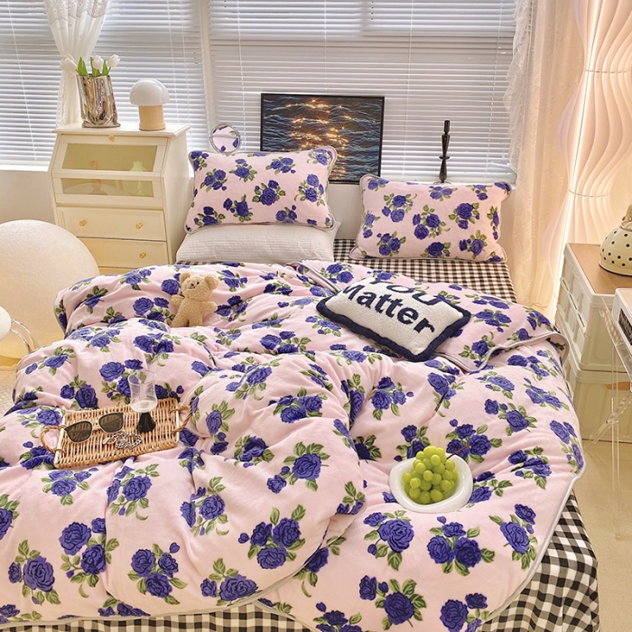 91家纺网 家纺一手货源 找家纺 顾里2021新款ins韩国高端保暖牛奶绒四件套 韩国紫花