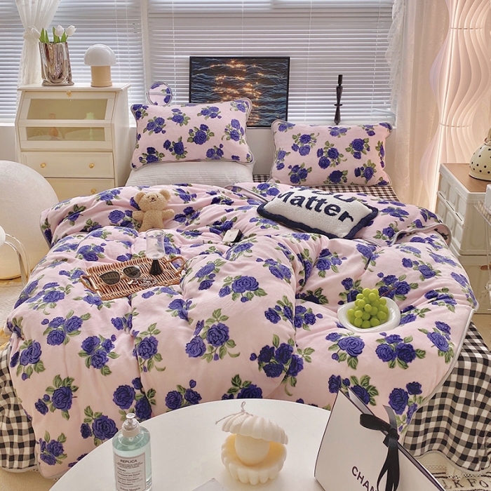 91家纺网 家纺一手货源 找家纺 顾里2021新款ins韩国高端保暖牛奶绒四件套 韩国紫花