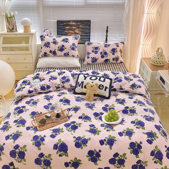 91家纺网 家纺一手货源 找家纺 顾里2021新款ins韩国高端保暖牛奶绒四件套 韩国紫花