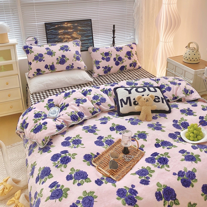 91家纺网 家纺一手货源 找家纺 顾里2021新款ins韩国高端保暖牛奶绒四件套 韩国紫花