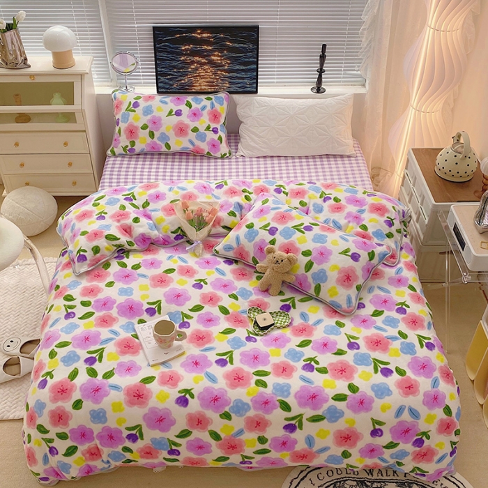 91家纺网 家纺一手货源 找家纺 顾里2021新款ins韩国高端保暖牛奶绒四件套 花花世界