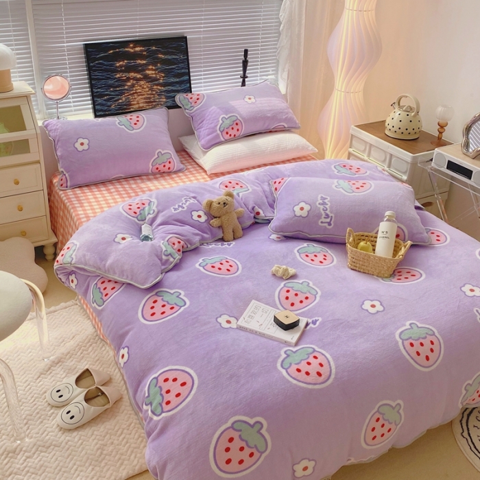 91家纺网 家纺一手货源 找家纺 顾里2021新款ins韩国高端保暖牛奶绒四件套 可爱草莓