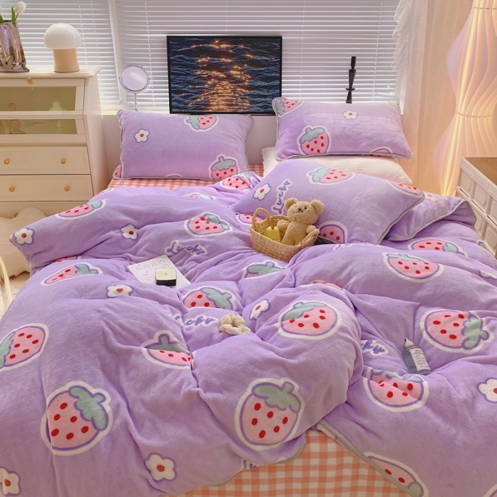 91家纺网 家纺一手货源 找家纺 顾里2021新款ins韩国高端保暖牛奶绒四件套 可爱草莓