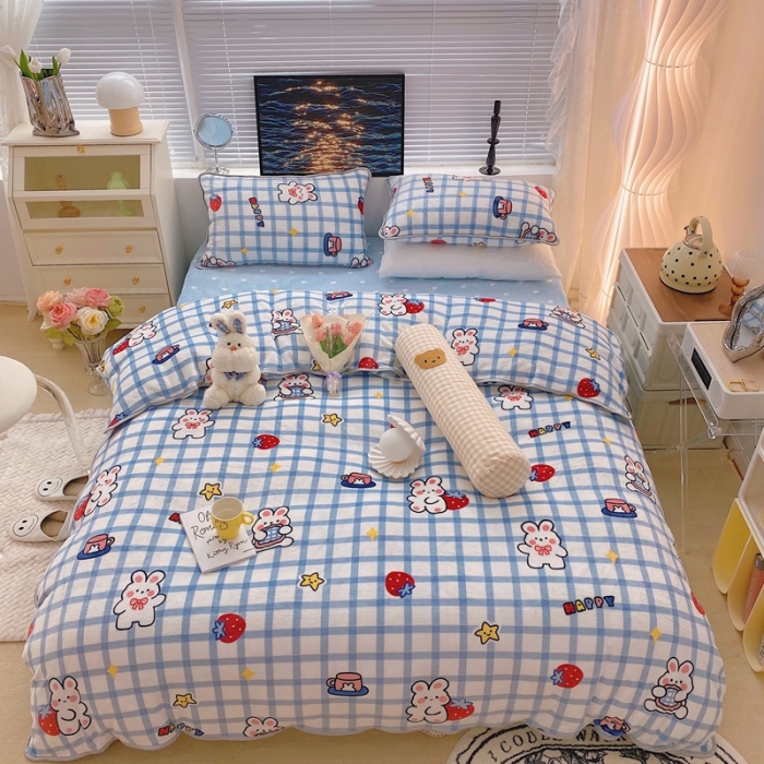 91家纺网 家纺一手货源 找家纺 顾里2021新款ins韩国高端保暖牛奶绒四件套 蓝格小兔