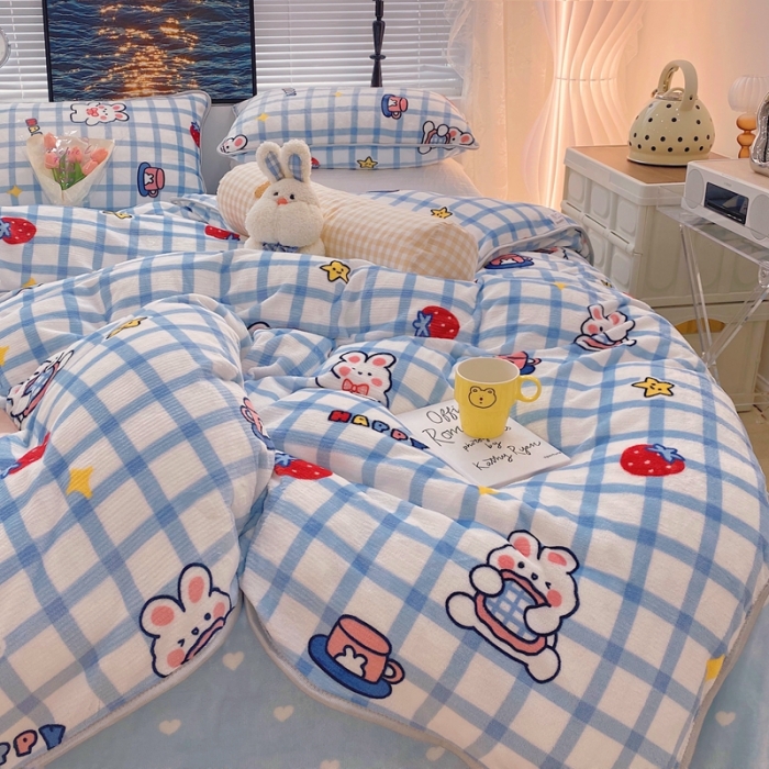 91家纺网 家纺一手货源 找家纺 顾里2021新款ins韩国高端保暖牛奶绒四件套 蓝格小兔