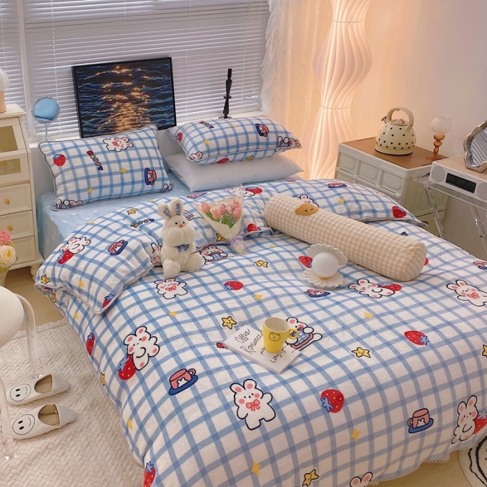 91家纺网 家纺一手货源 找家纺 顾里2021新款ins韩国高端保暖牛奶绒四件套 蓝格小兔