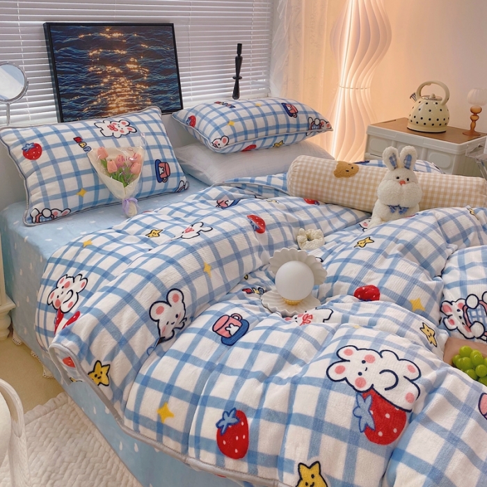 91家纺网 家纺一手货源 找家纺 顾里2021新款ins韩国高端保暖牛奶绒四件套 蓝格小兔