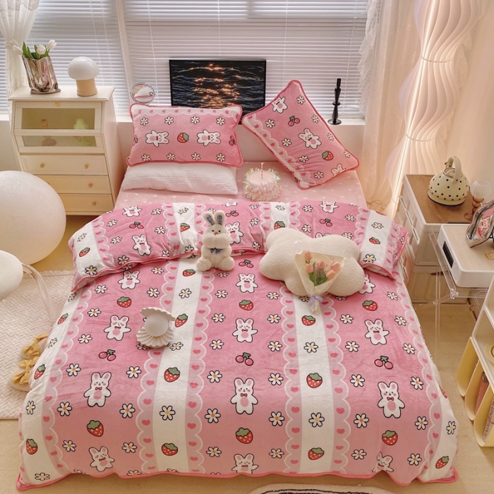 91家纺网 家纺一手货源 找家纺 顾里2021新款ins韩国高端保暖牛奶绒四件套 蕾丝兔兔