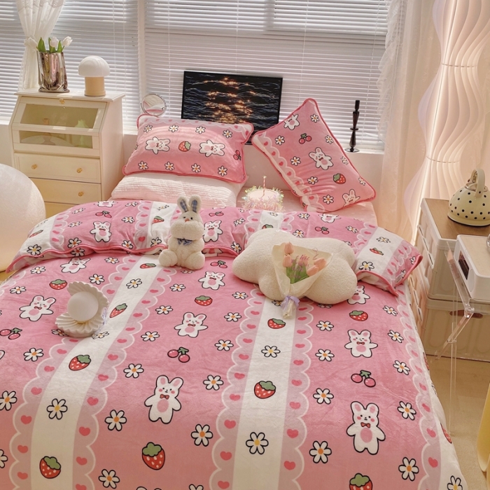 91家纺网 家纺一手货源 找家纺 顾里2021新款ins韩国高端保暖牛奶绒四件套 蕾丝兔兔