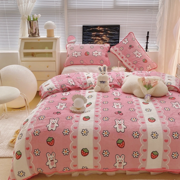 91家纺网 家纺一手货源 找家纺 顾里2021新款ins韩国高端保暖牛奶绒四件套 蕾丝兔兔