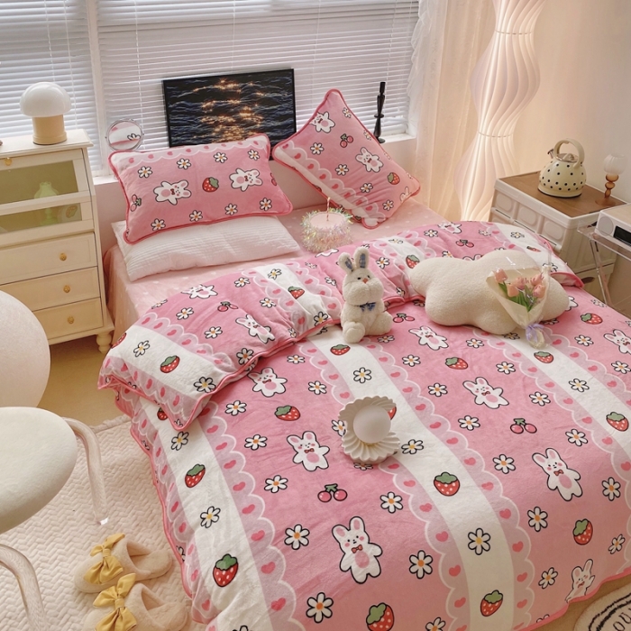 91家纺网 家纺一手货源 找家纺 顾里2021新款ins韩国高端保暖牛奶绒四件套 蕾丝兔兔