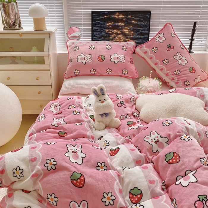 91家纺网 家纺一手货源 找家纺 顾里2021新款ins韩国高端保暖牛奶绒四件套 蕾丝兔兔