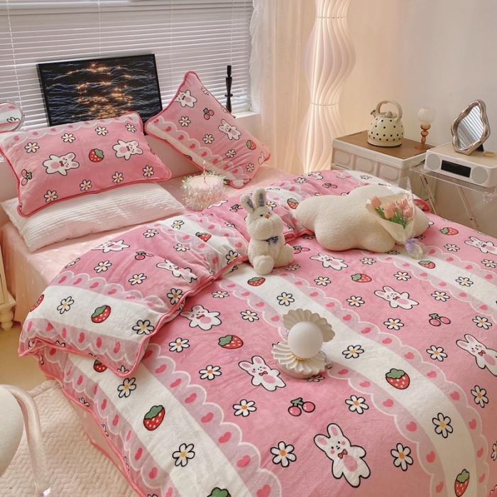 91家纺网 家纺一手货源 找家纺 顾里2021新款ins韩国高端保暖牛奶绒四件套 蕾丝兔兔