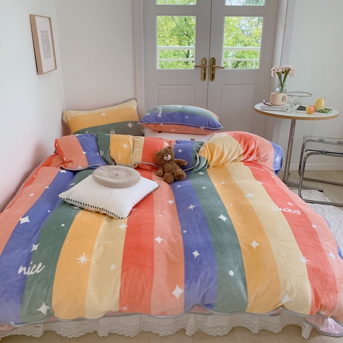 91家纺网 家纺一手货源 找家纺 顾里2021新款ins韩国高端保暖牛奶绒四件套 点点彩虹