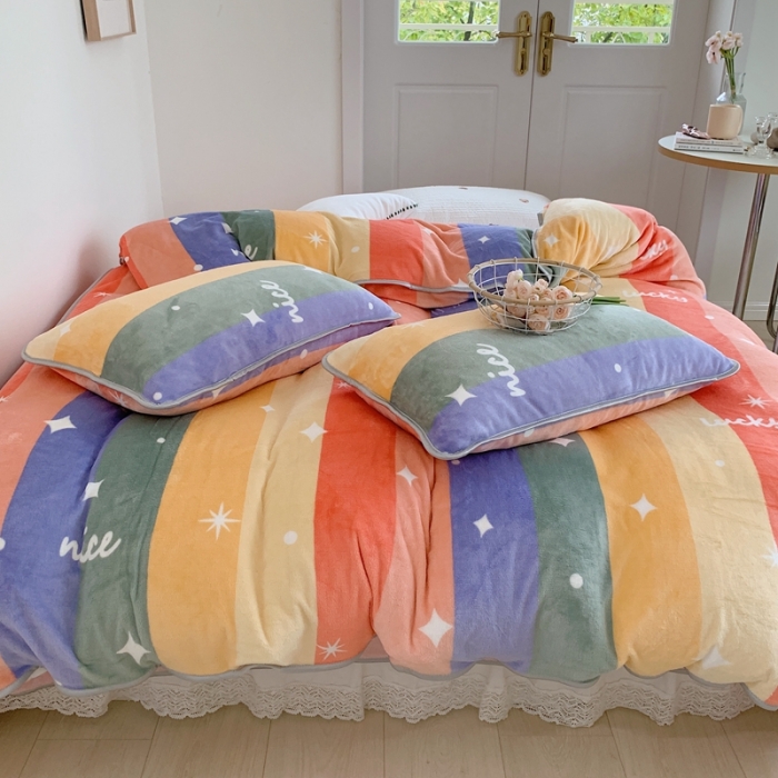 91家纺网 家纺一手货源 找家纺 顾里2021新款ins韩国高端保暖牛奶绒四件套 点点彩虹