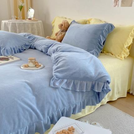 六巷胡同 2021新款牛奶绒ins混搭花边款四件套 雾蓝奶黄