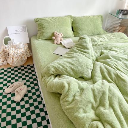 91家纺网 家纺一手货源 找家纺 六巷胡同 2021新款ins风韩国泡芙绒四件套 奶油绿