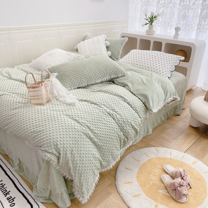 91家纺网 家纺一手货源 找家纺 玛奇朵 2021新款豆豆绒珍珠款四件套-梦露系列 梦露-薄荷绿