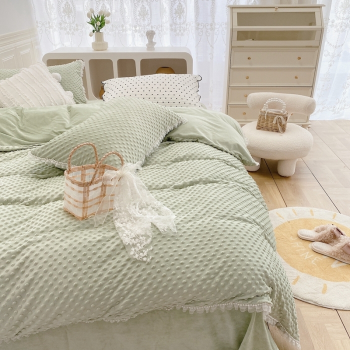 91家纺网 家纺一手货源 找家纺 玛奇朵 2021新款豆豆绒珍珠款四件套-梦露系列 梦露-薄荷绿