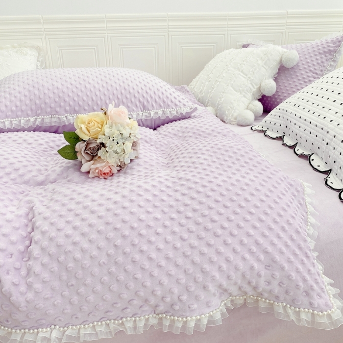 91家纺网 家纺一手货源 找家纺 玛奇朵 2021新款豆豆绒珍珠款四件套-梦露系列 梦露-丁香紫