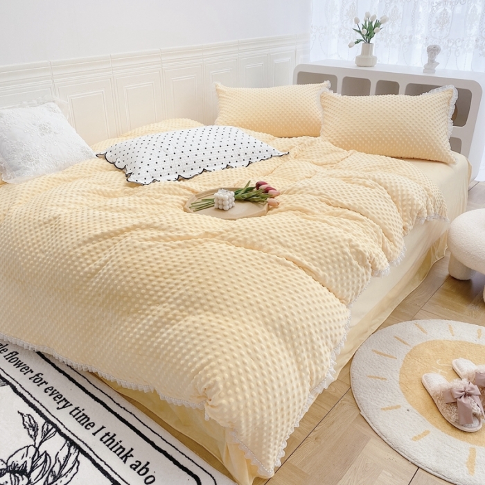 91家纺网 家纺一手货源 找家纺 玛奇朵 2021新款豆豆绒珍珠款四件套-梦露系列 梦露-亮丽黄