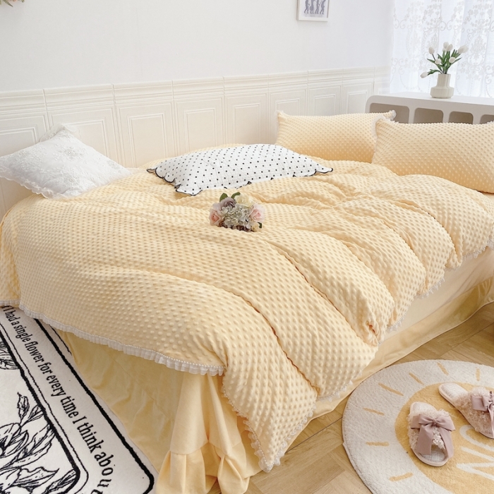 91家纺网 家纺一手货源 找家纺 玛奇朵 2021新款豆豆绒珍珠款四件套-梦露系列 梦露-亮丽黄