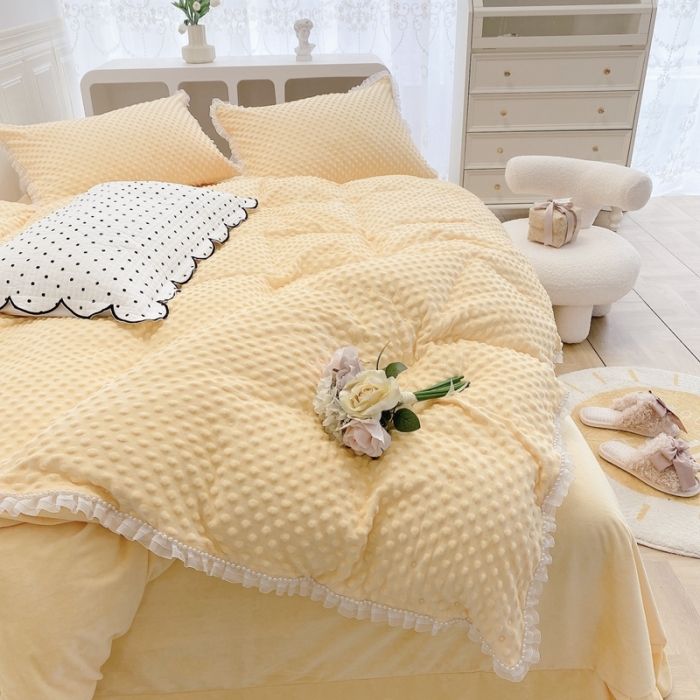 91家纺网 家纺一手货源 找家纺 玛奇朵 2021新款豆豆绒珍珠款四件套-梦露系列 梦露-亮丽黄
