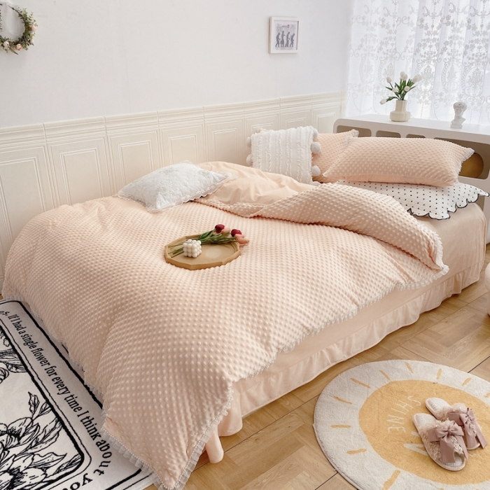 91家纺网 家纺一手货源 找家纺 玛奇朵 2021新款豆豆绒珍珠款四件套-梦露系列梦露-蜜桃橙