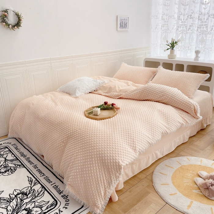 91家纺网 家纺一手货源 找家纺 玛奇朵 2021新款豆豆绒珍珠款四件套-梦露系列梦露-蜜桃橙