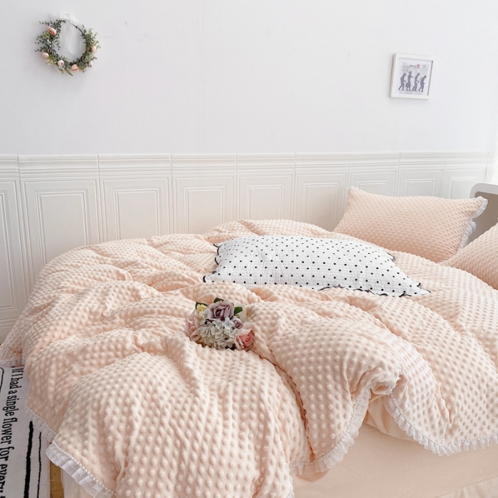 91家纺网 家纺一手货源 找家纺 玛奇朵 2021新款豆豆绒珍珠款四件套-梦露系列梦露-蜜桃橙