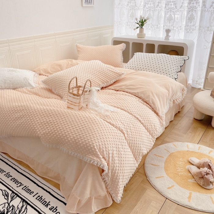 91家纺网 家纺一手货源 找家纺 玛奇朵 2021新款豆豆绒珍珠款四件套-梦露系列梦露-蜜桃橙