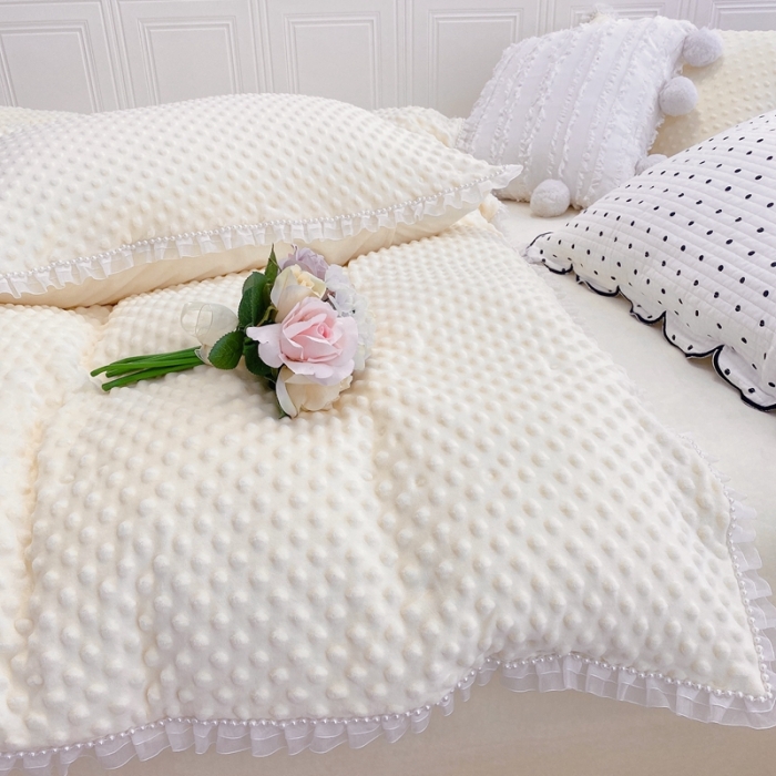 91家纺网 家纺一手货源 找家纺 玛奇朵 2021新款豆豆绒珍珠款四件套-梦露系列梦露-象牙白