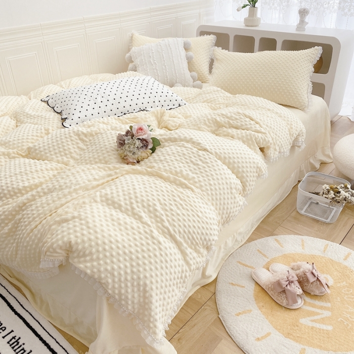 91家纺网 家纺一手货源 找家纺 玛奇朵 2021新款豆豆绒珍珠款四件套-梦露系列梦露-象牙白