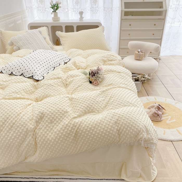 91家纺网 家纺一手货源 找家纺 玛奇朵 2021新款豆豆绒珍珠款四件套-梦露系列梦露-象牙白